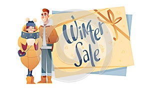 Girl and boy in winter clothes in cartoon style with banner about the sale. Beautiful vector flat design set template. Christmas