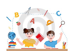 Girl and boy are writing, kids doing homework, maths at home. Cartoon cute little boy in red shirt Siting on the desk. The concept