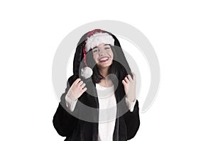 Girl in braces santa hat isolated, person fur coat