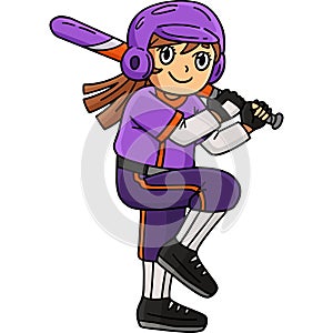 Girl Bracing Baseball Bat Cartoon Colored Clipart