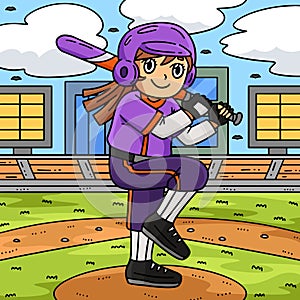 Girl Bracing Baseball Bat Colored Cartoon