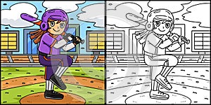 Girl Bracing Baseball Bat Coloring Illustration