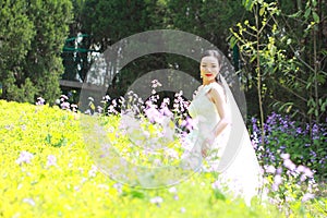 Girl bride in wedding dress with elegant hairstyle, with white wedding dress in Green plants field