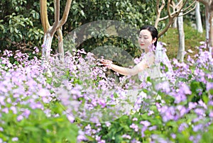 Girl bride in wedding dress with elegant hairstyle, with white wedding dress in Orychophragmus violaceus flower field