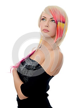 Girl with a bright make-up and multi-coloured hair