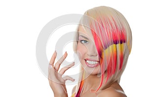 Girl with a bright make-up and multi-coloured stra