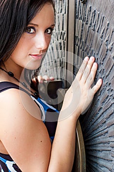 girl with brown hair in dress fashion model