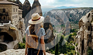 Girl in a brown hat and backpack gazes at a rugged terrain, AI-generated.