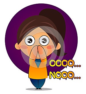 Girl with brown ponytail says oooo nooo, illustration, vector