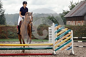 Girl with brown steed jumping over the hurdle on equine competition