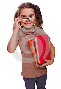 Girl brunette glasses baby reads the book keeps smiling isolate