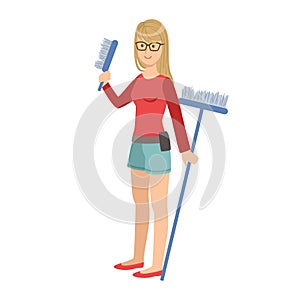 Girl With Brush And Broom, Cartoon Adult Characters Cleaning And Tiding Up
