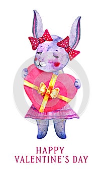 Girl bunny holding heart shape box. Saint Valentines day design template. Hand drawn watercolor