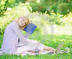 Girl with business diary create her daily schedule. Woman relax nature background. Save time for relax. Create break for