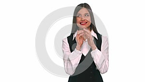 Girl in a business suit, plotting meanness on a white background