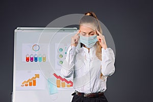 A girl, a businesswoman in a medical mask holds her hands at her temples during office conference. Diagrams photo