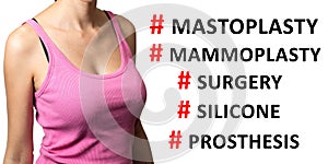 Girl with busty breasts next to conceptual hashtags about cosmetic surgery