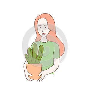 Girl with cactus in a pot flat design