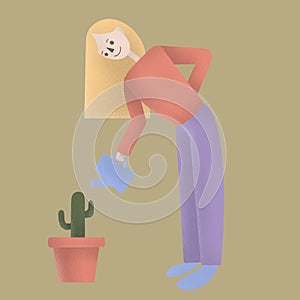 Girl with cactus. Spring work. Gardening concept