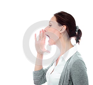 Girl calling yelling isolated white copy space