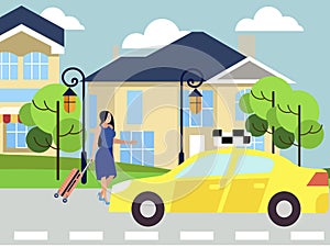 The girl calls a taxi, walks down the city street to the car. In minimalist style Cartoon flat vector