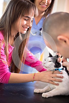 Girl calm down her sick cat in veterinary clinic