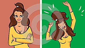 Girl calm then very happy, vector illustration