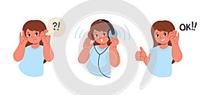 The girl cant hear anything.The child is wearing headphones and make a hearing test.Hearing exam for children.