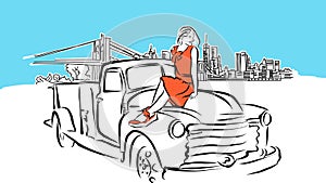 Girl On Car In Front Of New York City Skyline Panorama Vector Sketch