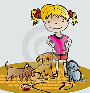 Girl cares of her pets