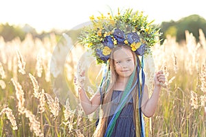 Girl carries fluttering blue and yellow flag of Ukraine in field