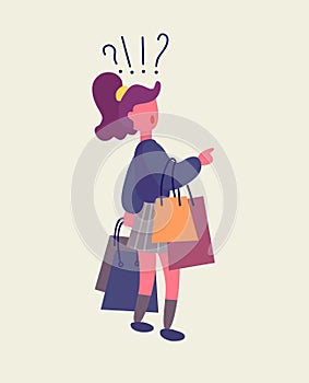 Girl carry shopping bags with purchases and doubts. Flat design vector illustration