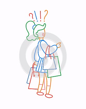 Girl carry shopping bags with purchases and doubts. Sale at store. Thin line flat design, vector illustration in bright colors