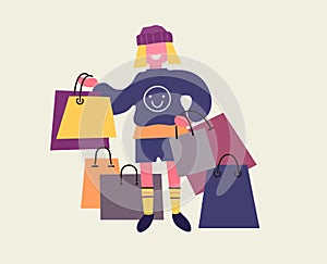 Girl carry shopping bags with purchases. Sale at store. Flat design, vector illustration