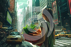 Girl carrying a box of vegetables on a busy street. The buildings in the background are tall and modern, and there are