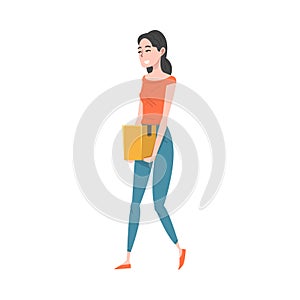Girl Carrying a Cardboard Box, Smiling Young Woman Received Parcel or Relocating to New Apartment Cartoon Vector