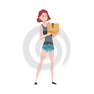 Girl Carrying Cardboard Box, Young Woman Receiving or Dispatching Parcel Cartoon Vector Illustration