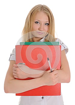 The girl carrying red folder