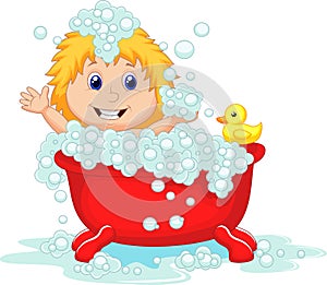 Girl cartoon bathing in the red bath tub photo