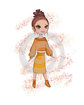 Girl cartoon character with orange sweater and yellow skirt.Autumn girl.