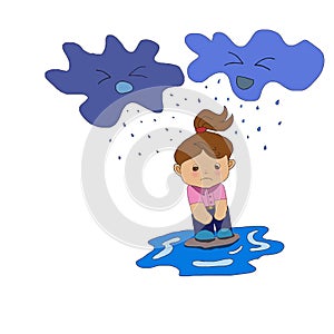 The girl cartoon character is sad because two unruly clouds throw rain on her.