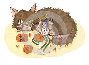 Girl Carving Pumpkin with Cat and Bird