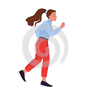 Girl in casual clothes running fast, side view of woman jogging, office worker walking