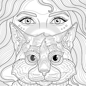 Girl and cat.Coloring book antistress for children and adults.