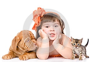 Girl with a cat and a dog. isolated on white background