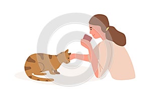 Girl with cat flat vector illustration. Animal care, playing with cat. Home leisure, recreation, relaxation, stress