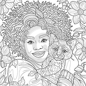 Girl with a cat in her arms among the flowers.Coloring book antistress for adults