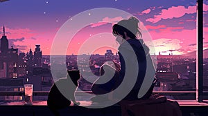 A girl with a cat sits against the background of the evening city in anime style. Top view