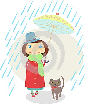 Girl with a cat walking under an umbrella in the r