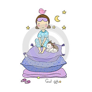 Girl and cats. Good night. Sweet dreams.